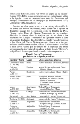 El reino, el poder, y la gloria
224
como a un dicho de Jesús: “El obrero es digno de su salario”
(Lucas 10:7). Pablo y Juan esperaban que sus cartas fueran leídas
a la iglesia, como se acostumbraba con las Escrituras del
Antiguo Testamento en las sinagogas (1 Tesalonicenses 5:27;
Colosenses 4:16; Apocalipsis 1:3).
Durante los años subsecuentes a la escritura y circulación de
los libros del Nuevo Testamento, otros líderes de la iglesia de
diferentes lugares los reconocieron como la Palabra de Dios.
Citaron varios libros del Nuevo Testamento en sus escritos,
dándoles la misma clase de respeto que se les daba a las
Escrituras del Antiguo Testamento. El siguiente cuadro le dará
un resumen de algunos de estos líderes, cuándo y dónde vivieron
y los libros del Nuevo Testamento que citaron o a los que
hicieron alusión en sus escritos. (Nota: la abreviatura c. se refiere
al latín circa, “como por el tiempo de”, y significa una fecha
aproximada; la abreviatura fl se refiere al latín floruit, “florecer”,
y significa el tiempo aproximado cuando vivía una persona.)
Uso del Nuevo Testamento
por líderes de la iglesia primitiva
Nombre y fecha Lugar Libros usados o citados
Clemente de Roma
(c. 30-100)
Roma Mateo, Romanos, 1 Corintios, Hebreos
Policarpo
(c. 69-155)
Esmirna Mateo, Hechos, epístolas de Pablo,
1 Pedro, 1 Juan
Papías
(c. 80-155)
Hierápolis Mateo, Marcos, Juan, 1 Juan, 1 Pedro
Justino Mártir
(c. 100-165)
Roma Evangelios, Hechos, 1 Pedro,
Romanos, 1 Corintios, Gálatas,
Efesios, Colosenses,
2 Tesalonicenses, Hebreos,
Apocalipsis
Ireneo
(c. 140-203)
Asia Menor,
Galia
Todo el Nuevo Testamento
excepto Filemón y 3 Juan
Tertuliano
(c. 150-222)
Cartago Todo el Nuevo Testamento excepto
Filemón, Santiago, 2 y 3 Juan
Taciano (f1. 170) Siria, Roma La mayoría del Nuevo Testamento
Teófilo (c. 115-188) Antioquía La mayoría del Nuevo Testamento
Clemente
(c. 155-215)
Alejandría Todo el Nuevo Testamento
excepto Santiago, 2 Pedro, 3 Juan
Orígenes
(c. 185-253)
Alejandría Todo el Nuevo Testamento
excepto 2 y 3 Juan
Dionisio
(c. 200-265)
Alejandría Todo el Nuevo Testamento
excepto 2 Pedro y Judas
 