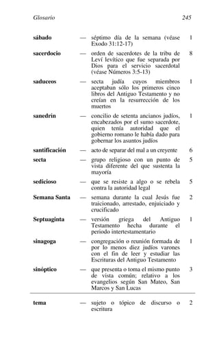 Glosario 245
sábado — séptimo día de la semana (véase
Exodo 31:12-17)
1
sacerdocio — orden de sacerdotes de la tribu de
Leví levítico que fue separada por
Dios para el servicio sacerdotal
(véase Números 3:5-13)
8
saduceos — secta judía cuyos miembros
aceptaban sólo los primeros cinco
libros del Antiguo Testamento y no
creían en la resurrección de los
muertos
1
sanedrín — concilio de setenta ancianos judíos,
encabezados por el sumo sacerdote,
quien tenía autoridad que el
gobierno romano le había dado para
gobernar los asuntos judíos
1
santificación — acto de separar del mal a un creyente 6
secta — grupo religioso con un punto de
vista diferente del que sustenta la
mayoría
5
sedicioso — que se resiste a algo o se rebela
contra la autoridad legal
5
Semana Santa — semana durante la cual Jesús fue
traicionado, arrestado, enjuiciado y
crucificado
2
Septuaginta — versión griega del Antiguo
Testamento hecha durante el
periodo intertestamentario
1
sinagoga — congregación o reunión formada de
por lo menos diez judíos varones
con el fin de leer y estudiar las
Escrituras del Antiguo Testamento
1
sinóptico — que presenta o toma el mismo punto
de vista común; relativo a los
evangelios según San Mateo, San
Marcos y San Lucas
3
tema — sujeto o tópico de discurso o
escritura
2
 