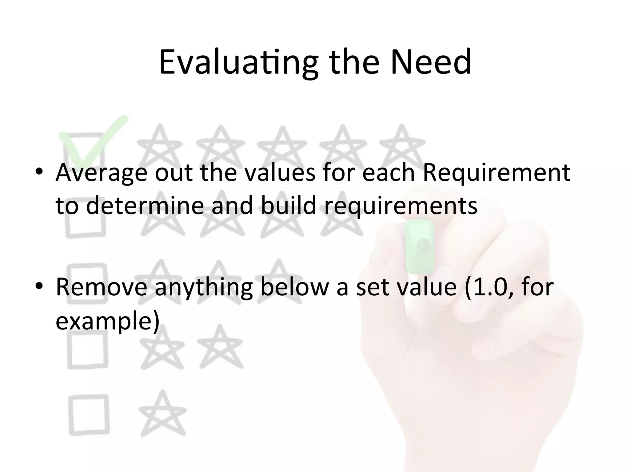 Evalua9ng	
  the	
  Need	
  
•  Average	
  out	
  the	
  values	
  for	
  each	
  Requirement	
  
to	
  determine	
  and	
  build	
  requirements	
  
•  Remove	
  anything	
  below	
  a	
  set	
  value	
  (1.0,	
  for	
  
example)	
  
 