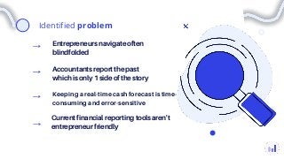 Identified problem
Entrepreneurs navigate often
blindfolded
Keeping a real-time cash forecast is time-
consuming and error...