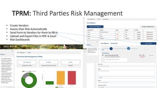 17
TPRM: Third Parties Risk Management
• Create Vendors
• Assess their Risk Automatically
• Send Form to Vendors for them ...