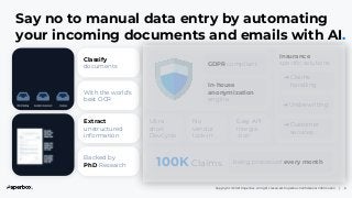 Copyright © 2021 Paperbox. All rights reserved. Paperbox Confidential Information | 6
Say no to manual data entry by automating
your incoming documents and emails with AI.
Classify
documents
Backed by
PhD Research
With the world's
best OCR
Extract
unstructured
information
Ultra
short
DevCycle
No
vendor
lock-in
GDPR compliant
In-house
anonymization
engine
Easy API
integra
-tion
100K Claims being processed every month
Insurance
specific solutions
➔Claims
handling
➔Underwriting
➔Customer
services
 