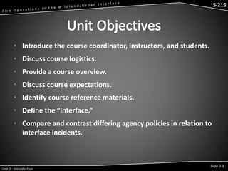 S-215 - Wildfire Operations in the Interface

S-215

• Introduce the course coordinator, instructors, and students.

• Discuss course logistics.
• Provide a course overview.
• Discuss course expectations.

• Identify course reference materials.
• Define the “interface.”
• Compare and contrast differing agency policies in relation to
interface incidents.

Unit 0 - Introduction

Slide 0-3

 