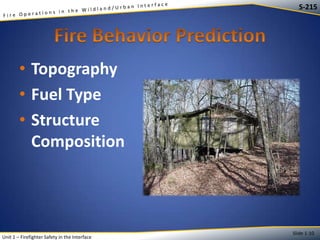 S-215

• Topography
• Fuel Type
• Structure
Composition

Unit 1 – Firefighter Safety in the Interface

Slide 1-10

 