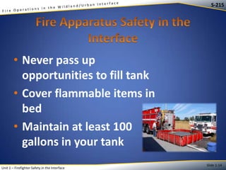 S-215

• Never pass up
opportunities to fill tank
• Cover flammable items in
bed
• Maintain at least 100
gallons in your tank
Unit 1 – Firefighter Safety in the Interface

Slide 1-14

 
