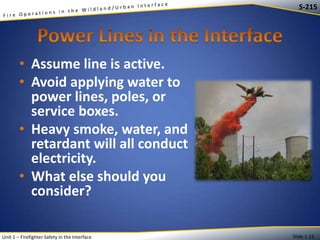 S-215

• Assume line is active.
• Avoid applying water to
power lines, poles, or
service boxes.
• Heavy smoke, water, and
retardant will all conduct
electricity.
• What else should you
consider?
Unit 1 – Firefighter Safety in the Interface

Slide 1-15

 