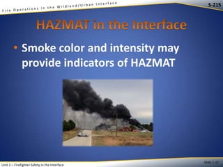 S-215

• Smoke color and intensity may
provide indicators of HAZMAT

Unit 1 – Firefighter Safety in the Interface

Slide 1-17

 
