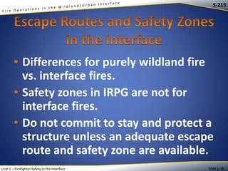S-215

• Differences for purely wildland fire
vs. interface fires.
• Safety zones in IRPG are not for
interface fires.
• Do not commit to stay and protect a
structure unless an adequate escape
route and safety zone are available.
Unit 1 – Firefighter Safety in the Interface

Slide 1-18

 