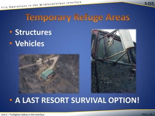 S-215

• Structures
• Vehicles

• A LAST RESORT SURVIVAL OPTION!
Unit 1 – Firefighter Safety in the Interface

Slide 1-19

 