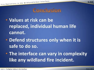 S-215

• Values at risk can be
replaced, individual human life
cannot.
• Defend structures only when it is
safe to do so.
• The interface can vary in complexity
like any wildland fire incident.
Unit 1 – Firefighter Safety in the Interface

Slide 1-20

 