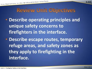 S-215

• Describe operating principles and
unique safety concerns to
firefighters in the interface.
• Describe escape routes, temporary
refuge areas, and safety zones as
they apply to firefighting in the
interface.
Unit 1 – Firefighter Safety in the Interface

Slide 1-21

 