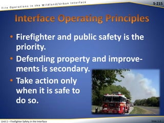 S-215

• Firefighter and public safety is the
priority.
• Defending property and improvements is secondary.
• Take action only
when it is safe to
do so.
Unit 1 – Firefighter Safety in the Interface

Slide 1-3

 