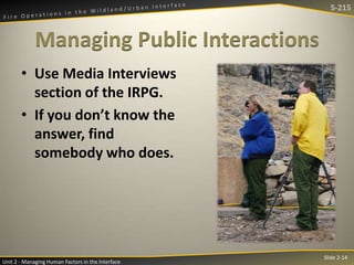 S-215

Managing Public Interactions
• Use Media Interviews
section of the IRPG.
• If you don’t know the
answer, find
somebody who does.

Unit 2 - Managing Human Factors in the Interface

Slide 2-14

 