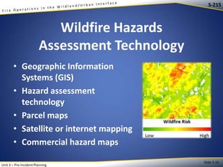 S-215

Wildfire Hazards
Assessment Technology
• Geographic Information
Systems (GIS)
• Hazard assessment
technology
• Parcel maps
• Satellite or internet mapping
• Commercial hazard maps
Unit 3 – Pre-Incident Planning

Slide 3-10

 