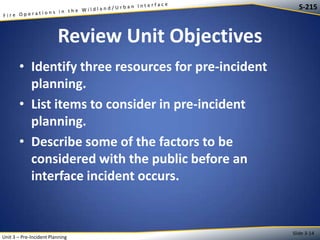 S-215

Review Unit Objectives
• Identify three resources for pre-incident
planning.
• List items to consider in pre-incident
planning.
• Describe some of the factors to be
considered with the public before an
interface incident occurs.

Unit 3 – Pre-Incident Planning

Slide 3-14

 