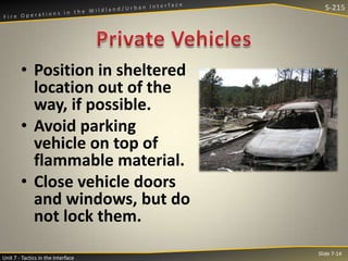 S-215

• Position in sheltered
location out of the
way, if possible.
• Avoid parking
vehicle on top of
flammable material.
• Close vehicle doors
and windows, but do
not lock them.
Unit 7 - Tactics in the Interface

Slide 7-14

 
