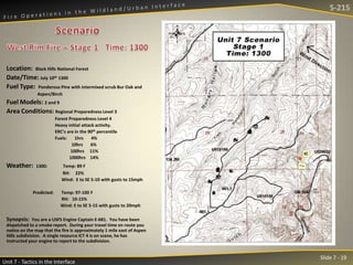 S-215

Location: Black Hills National Forest
Date/Time: July 10th 1300
Fuel Type: Ponderosa Pine with intermixed scrub Bur Oak and
Aspen/Birch

Fuel Models: 2 and 9
Area Conditions: Regional Preparedness Level 3
Forest Preparedness Level 4
Heavy initial attack activity.
ERC’s are in the 90th percentile
Fuels:
1hrs
4%
10hrs
6%
100hrs 11%
1000hrs 14%

Weather:

1300:

Predicted:

Temp: 89 F
RH: 22%
Wind: E to SE 5-10 with gusts to 15mph
Temp: 97-100 F
RH: 10-15%
Wind: E to SE 5-15 with gusts to 20mph

Synopsis: You are a USFS Engine Captain E-681. You have been
dispatched to a smoke report. During your travel time en route you
notice on the map that the fire is approximately 1 mile east of Aspen
Hills subdivision. A single resource ICT 4 is on scene, he has
instructed your engine to report to the subdivision.

Unit 7 - Tactics in the Interface

Slide 7 - 19

 
