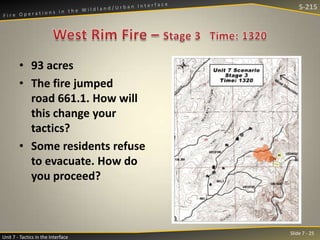 S-215

• 93 acres
• The fire jumped
road 661.1. How will
this change your
tactics?
• Some residents refuse
to evacuate. How do
you proceed?

Unit 7 - Tactics in the Interface

Slide 7 - 25

 