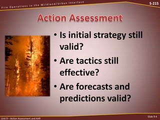 S-215

• Is initial strategy still
valid?
• Are tactics still
effective?
• Are forecasts and
predictions valid?
Unit 9 – Action Assessment and AAR

Slide 9-4

 