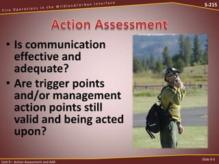 S-215

• Is communication
effective and
adequate?
• Are trigger points
and/or management
action points still
valid and being acted
upon?
Unit 9 – Action Assessment and AAR

Slide 9-5

 