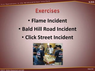 S-215

• Flame Incident
• Bald Hill Road Incident
• Click Street Incident

Unit 9 – Action Assessment and AAR

Slide 9-8

 