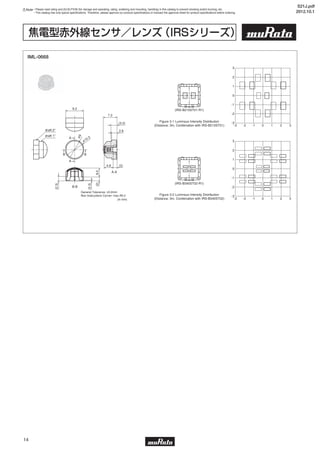 Note • Please read rating and CAUTION (for storage and operating, rating, soldering and mounting, handling) in this catalog to prevent smoking and/or burning, etc.
• This catalog has only typical specifications. Therefore, please approve our product specifications or transact the approval sheet for product specifications before ordering.
14
焦電型赤外線センサ／レンズ（IRSシリーズ）
IML-0668
3
2
1
0
-1
-2
-3
-3 -1 0-2 1 2 3
Figure 3-1 Luminous Intensity Distribution
(Distance: 3m, Combination with IRS-B210ST01)
(IRS-B210ST01-R1)
(IRS-B340ST02-R1)
3
2
1
0
-1
-2
-3
-3 -1 0-2 1 2 3
Figure 3-2 Luminous Intensity Distribution
(Distance: 3m, Combination with IRS-B340ST02)(in mm)
General Tolerance: ±0.2mm
Non Instructions Corner: max.R0.2
8.0(2)
(2.3)
(0.3)
4.8
A-A
B-B
(2)
(3.2)
2.8
7.2
A
A
B B
9.2
draft 2°
draft 1°
ø9
ø10.3
S21J.pdf
2012.10.1
 