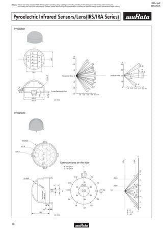 5
18
Note • Please read rating and CAUTION (for storage and operating, rating, soldering and mounting, handling) in this catalog to prevent smoking and/or burning, etc.
• This catalog has only typical specifications. Therefore, please approve our product specifications or transact the approval sheet for product specifications before ordering.
(in mm)
PPGI0601
Pyroelectric Infrared Sensors/Lens(IRS/IRA Series)
PPGI0626
(in mm)
S21J.pdf
2012.10.1
 