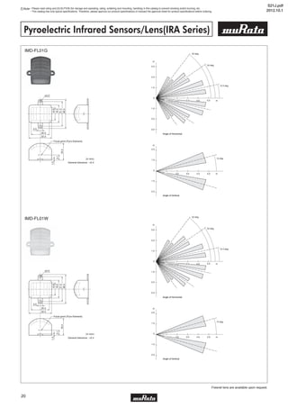 20
Pyroelectric Infrared Sensors/Lens(IRA Series)
Fresnel lens are available upon request.
IMD-FL01G
IMD-FL01W
Angle of Horizontal
0
1.0
2.0
3.0
m
1.0
2.0
3.0
5.04.0 m
52 deg.
34 deg.
12.5 deg.
1.0 3.02.0
Angle of Horizontal
0
1.0
2.0
3.0
m
1.0
2.0
3.0
5.04.0 m
52 deg.
34 deg.
12.5 deg.
1.0 3.02.0
15 deg.
0
1.0
2.0
m
1.0
2.0
Angle of Vertical
5.04.0 m1.0 3.02.0
15 deg.
0
1.0
2.0
m
1.0
2.0
Angle of Vertical
5.04.0 m1.0 3.02.0
5.0
20.5
22.5
ø2.0
1.0
16.4
5.1
Focal point (Pyro-Element)
12.8
16.5
21.5
26.5
(in mm)
General tolerance : ±0.4
5.0
20.5
22.5
ø2.0
1.0
16.4
5.1
Focal point (Pyro-Element)
12.8
16.5
21.5
26.5
(in mm)
General tolerance : ±0.4
Note • Please read rating and CAUTION (for storage and operating, rating, soldering and mounting, handling) in this catalog to prevent smoking and/or burning, etc.
• This catalog has only typical specifications. Therefore, please approve our product specifications or transact the approval sheet for product specifications before ordering.
S21J.pdf
2012.10.1
 