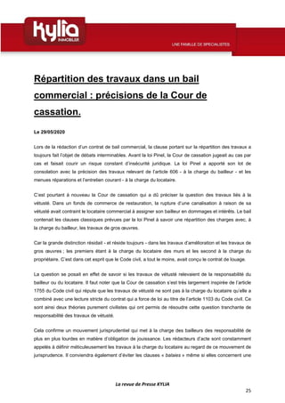 La revue de Presse KYLIA
25
Répartition des travaux dans un bail
commercial : précisions de la Cour de
cassation.
Le 29/05...