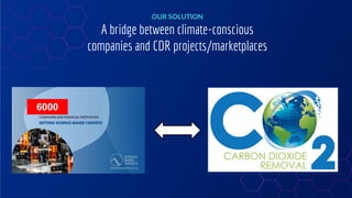 6000
OUR SOLUTION
A bridge between climate-conscious
companies and CDR projects/marketplaces
 