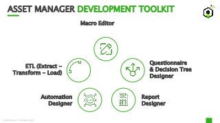 ASSET MANAGER DEVELOPMENT TOOLKIT
3
Macro Editor
Automation
Designer
Report
Designer
Questionnaire
& Decision Tree
Designer
ETL (Extract -
Transform - Load)
FundProcess © Confidential 2021
 
