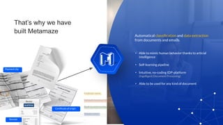 That’s why we have
built Metamaze
Employer name
Estimate total excl VAT
Bank account number
Shipper name
...
Certiﬁcate of...