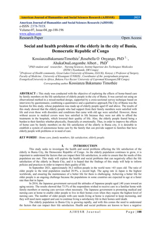 Social and health problems of the elderly in the city of Bunia, Democratic Republic of Congo