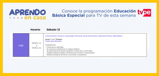 10:00 a. m.
a
10:30 a. m.
Sábado 12Horario
CEBE
Comunicación, Ciencia y tecnología, Personal social psicomotriz, Educación física, Matemática.
Inicial, 1.° y 2.° Primaria
Frutas que disfrutas
Construye su identidad.
Se comunica oralmente en su lengua materna.
Se desenvuelve de manera autónoma a través de su motricidad.
Indaga mediante métodos cientíﬁcos para construir conocimientos.
Resuelve problema de forma, movimiento y localización.
Competencias:
-
-
-
-
-
Conoce la programación Educación
Básica Especial para TV de esta semana
 