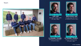 © 2021 Datavillage
© 2021 Datavillage
Team
Philippe Duchesne
Tech Lead
Semantic / Open data
(20 years exp.)
Loic Quertenmont
Data Science Lead
Former big data lead
at CERN (10 years exp.)
Quentin Felice
Co-founder / Growth
Seasoned entrepreneur
(10 years exp.)
Frederic Lebeau
Co-founder / Product
Finance & technology
(20 years exp.)
 