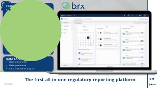 19/11/2021
The first all-in-one regulatory reporting platform
B.RX MARKETPLACE
• Composable reporting platform
• Integrations
• Open API architecture for partners
DIGITAL TRANSFORMATION
• Collaboration
• Digitalization, automation of reports
• Simplification of data flow & reports
• Data dictionaries
• Data management,...
DATA & ANALYTICS
• Open data model
• Data governance
• Variance & trend analysis
REGULATORY KNOWLEDGE HUB
• Your reporting assistant
• ITS / RTS
• Regulation / Q&A / internal documents
 