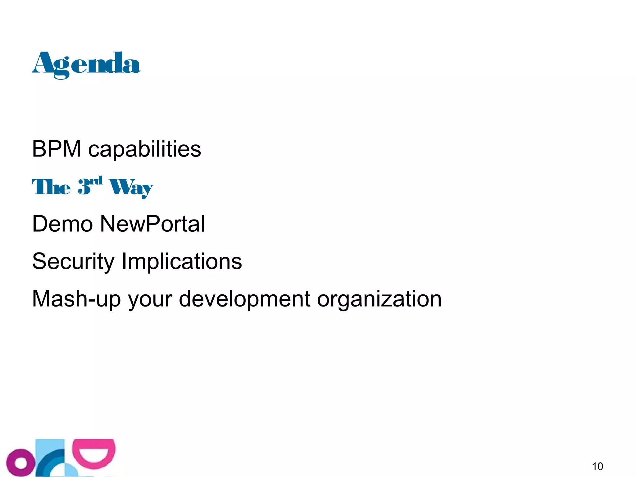 10
Agenda
BPM capabilities
The 3rd
Way
Demo NewPortal
Security Implications
Mash-up your development organization
 