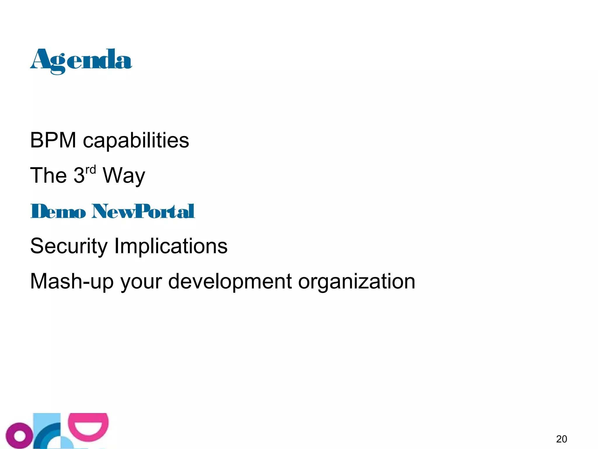 20
Agenda
BPM capabilities
The 3rd
Way
Demo NewPortal
Security Implications
Mash-up your development organization
 