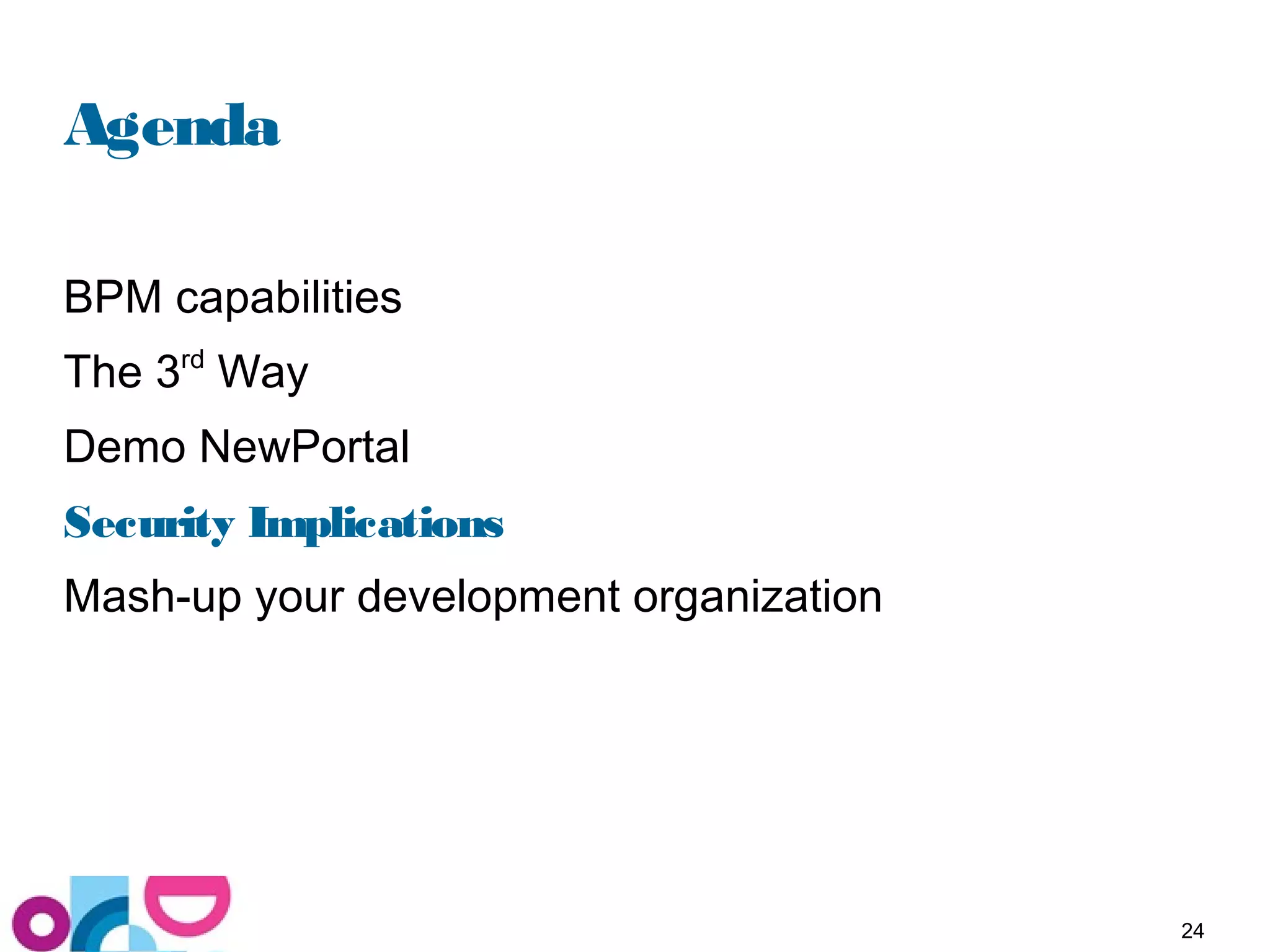 24
Agenda
BPM capabilities
The 3rd
Way
Demo NewPortal
Security Implications
Mash-up your development organization
 