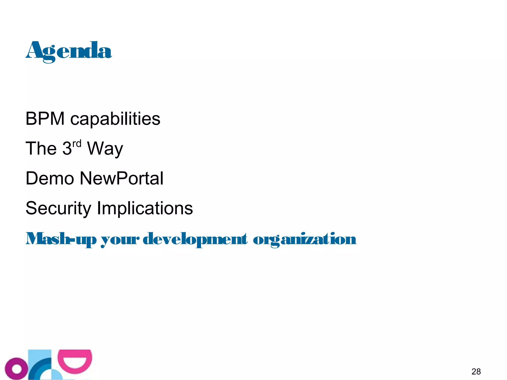 28
Agenda
BPM capabilities
The 3rd
Way
Demo NewPortal
Security Implications
Mash-up yourdevelopment organization
 