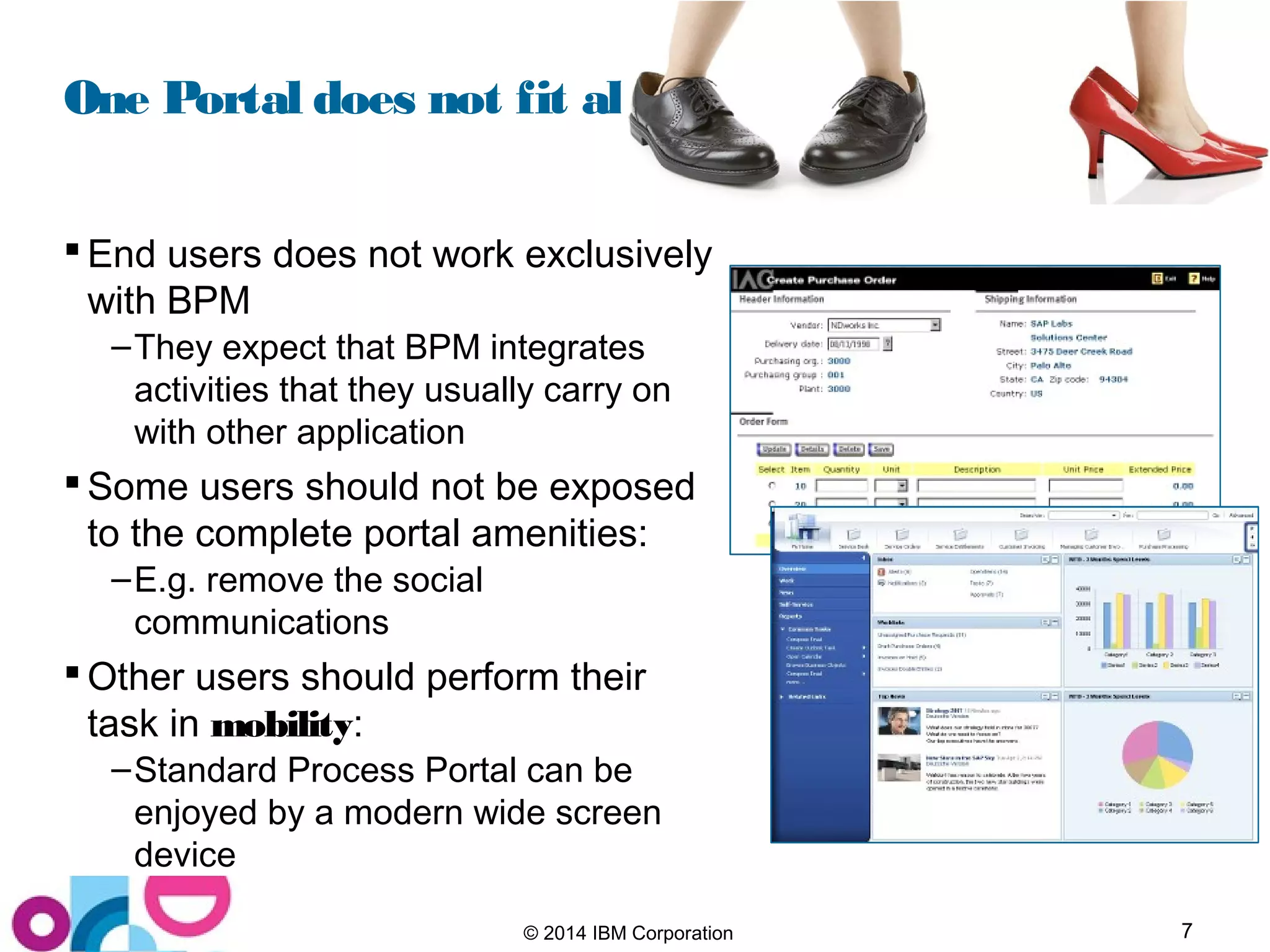 7© 2014 IBM Corporation
One Portal does not fit all
 End users does not work exclusively
with BPM
–They expect that BPM integrates
activities that they usually carry on
with other application
 Some users should not be exposed
to the complete portal amenities:
–E.g. remove the social
communications
 Other users should perform their
task in mobility:
–Standard Process Portal can be
enjoyed by a modern wide screen
device
 