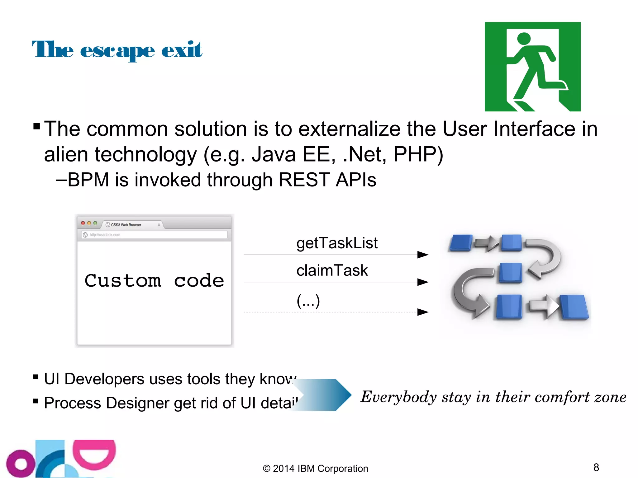 8© 2014 IBM Corporation
The escape exit
The common solution is to externalize the User Interface in
alien technology (e.g. Java EE, .Net, PHP)
–BPM is invoked through REST APIs
 UI Developers uses tools they know
 Process Designer get rid of UI details
getTaskList
claimTask
(...)
Everybody stay in their comfort zone
Custom code
 