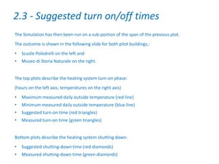 The Simulation has then been run on a sub-portion of the span of the previous plot.
The outcome is shown in the following slide for both pilot buildings,:
• Scuole Poledrelli on the left and
• Museo di Storia Naturale on the right.
The top plots describe the heating system turn-on phase:
(hours on the left axis, temperatures on the right axis)
• Maximum measured daily outside temperature (red line)
• Minimum measured daily outside temperature (blue line)
• Suggested turn-on time (red triangles)
• Measured turn-on time (green triangles)
Bottom plots describe the heating system shutting down:
• Suggested shutting-down time (red diamonds)
• Measured shutting-down time (green diamonds)
2.3 - Suggested turn on/off times
 