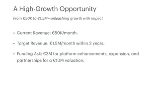 A High-Growth Opportunity
• Current Revenue: €50K/month.
• T
a
rget Revenue: €1.5M/month within 3 ye
a
rs.
• Funding Ask: ...