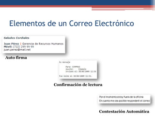 Elementos de un Correo Electrónico
Contestación Automática
Auto firma
Confirmación de lectura
 