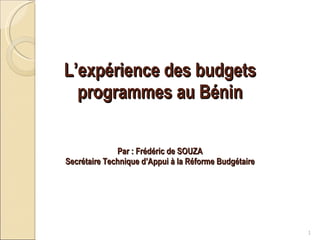L’expérience des budgets programmes au Bénin Par : Frédéric de SOUZA Secrétaire Technique d’Appui à la Réforme Budgétaire 