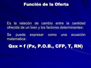 Función de la Oferta
Es la relación de cambio entre la cantidad
ofrecida de un bien y los factores determinantes:
Se puede expresar como una ecuación
matematica:
Qsx = f (Px, P.O.B., CFP, T, RN)
 