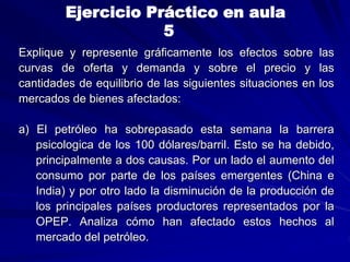 Explique y represente gráficamente los efectos sobre las
curvas de oferta y demanda y sobre el precio y las
cantidades de equilibrio de las siguientes situaciones en los
mercados de bienes afectados:
a) El petróleo ha sobrepasado esta semana la barrera
psicologica de los 100 dólares/barril. Esto se ha debido,
principalmente a dos causas. Por un lado el aumento del
consumo por parte de los países emergentes (China e
India) y por otro lado la disminución de la producción de
los principales países productores representados por la
OPEP. Analiza cómo han afectado estos hechos al
mercado del petróleo.
Ejercicio Práctico en aula
5
 