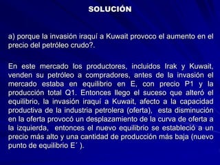 a) porque la invasión iraquí a Kuwait provoco el aumento en el
precio del petróleo crudo?.
En este mercado los productores, incluidos Irak y Kuwait,
venden su petróleo a compradores, antes de la invasión el
mercado estaba en equilibrio en E, con precio P1 y la
producción total Q1. Entonces llego el suceso que alteró el
equilibrio, la invasión iraquí a Kuwait, afecto a la capacidad
productiva de la industria petrolera (oferta), esta disminución
en la oferta provocó un desplazamiento de la curva de oferta a
la izquierda, entonces el nuevo equilibrio se estableció a un
precio más alto y una cantidad de producción más baja (nuevo
punto de equilibrio E´ ).
SOLUCIÓN
 