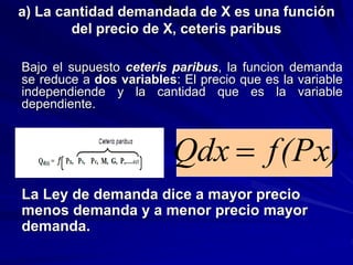 a) La cantidad demandada de X es una función
del precio de X, ceteris paribus
Bajo el supuesto ceteris paribus, la funcion demanda
se reduce a dos variables: El precio que es la variable
independiende y la cantidad que es la variable
dependiente.
La Ley de demanda dice a mayor precio
menos demanda y a menor precio mayor
demanda.
f(Px)
Qdx 
 